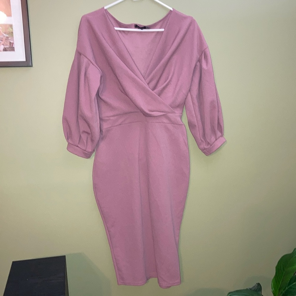 Boohoo Pink Midi Dress with Cowl Neck and Bishop Sleeves